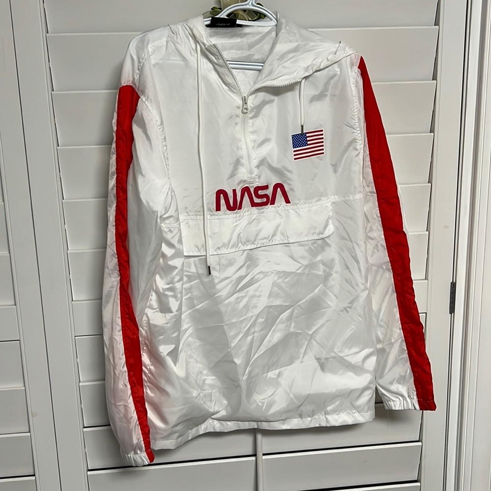NWOT NASA white windbreaker jacket with hood and pocket